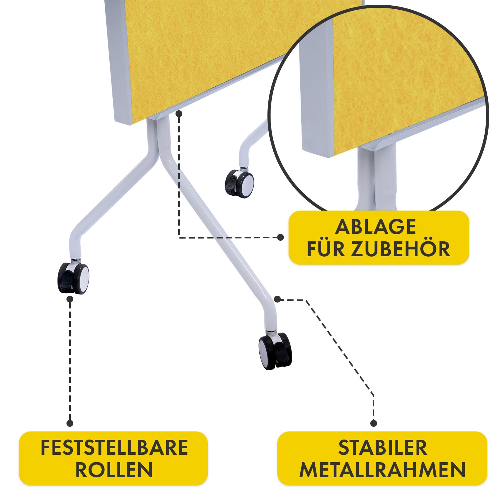 OfficeMarshal Moderationwand Doppelseitig 80 x 120 cm Präsentationstafel mit feststellbaren Rollen - Filztafel Pinnwand - Stabiler Metallrahmen - Giant (Gelb)