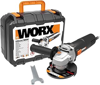 WORX Amoladora angular WX718 de 900 W. Amoladora compacta con mango ajustable y mango adicional sin vibraciones para lijar y cortar. Diámetro del disco de 125 mm. Velocidad de ralentí 12000/m