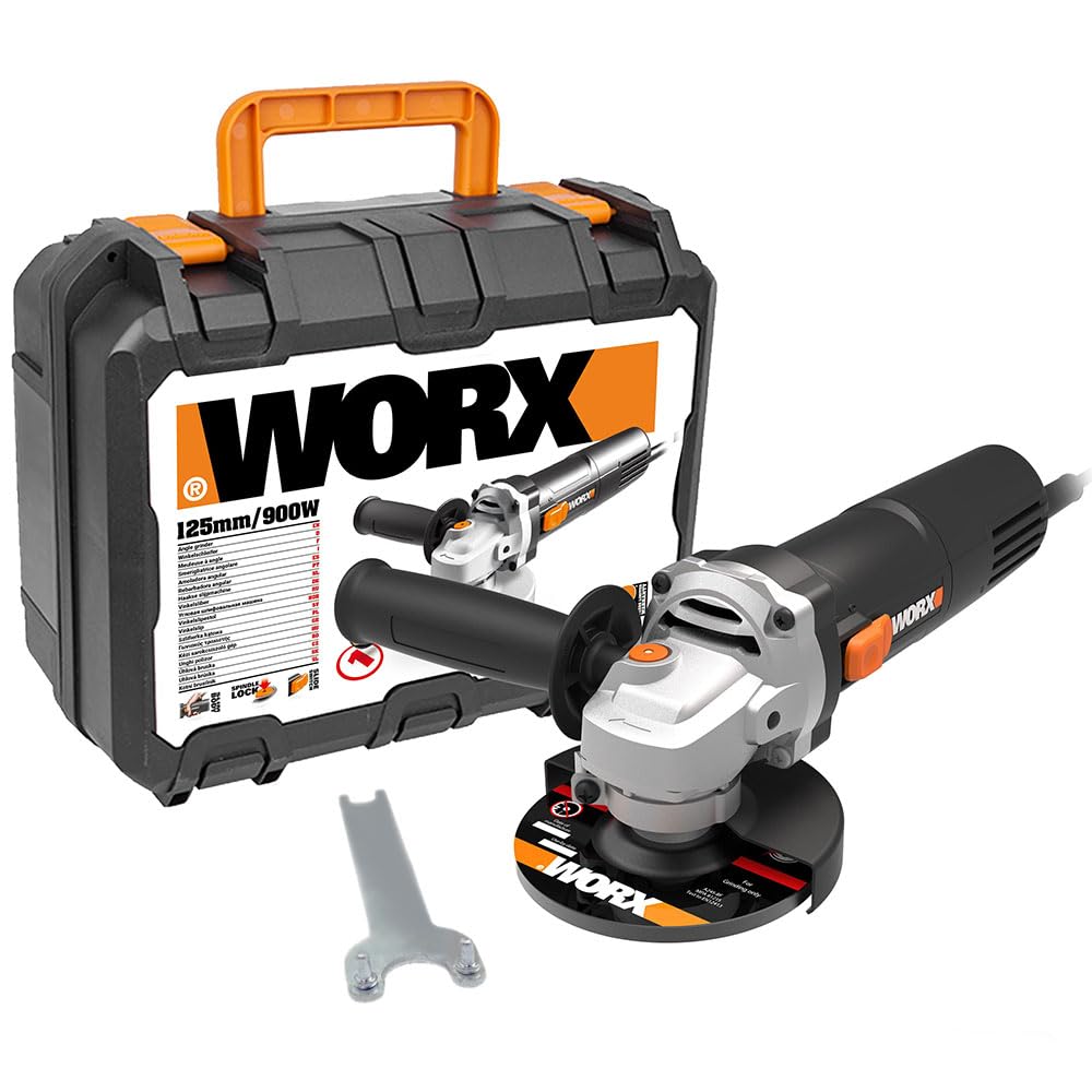 WORX Amoladora angular WX718 de 900 W. Amoladora compacta con mango ajustable y mango adicional sin vibraciones para lijar y cortar. Diámetro del disco de 125 mm. Velocidad de ralentí 12000/​m