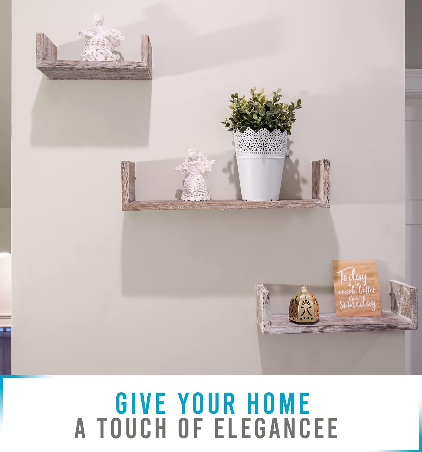 Rustic Wall Mounted U-Shaped Floating Shelves – Set of 3 – Large, medium and Small – Screws and Anchors Included - Farmhouse Shelves for Bedroom, Living Room and more – Rustic Wall Décor -Rustic White
