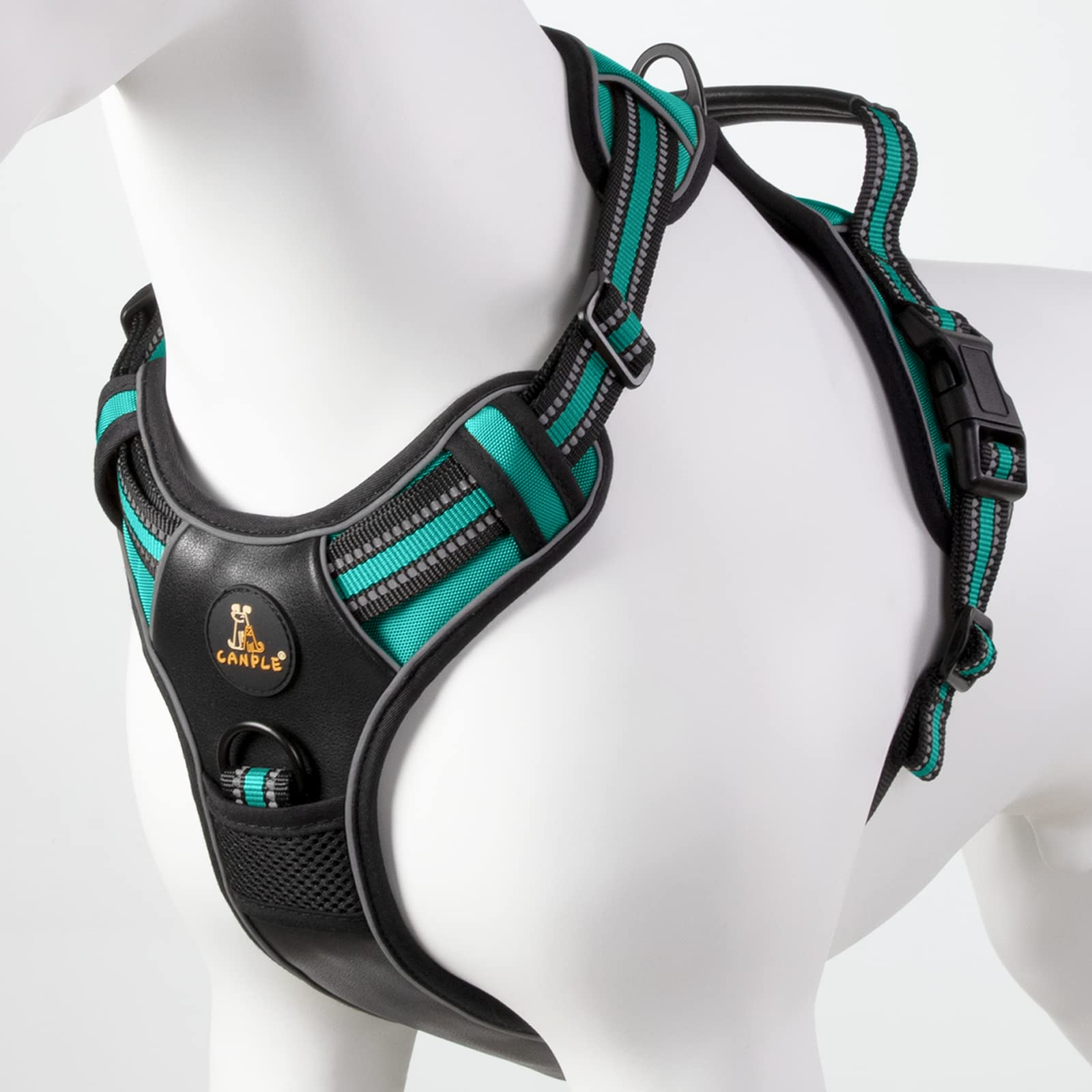 Canple No Pull Dog Harness, Adjustable Soft Reflective Dog Vest with Microfiber Leather Front Cover Padded Control Handle for Small Medium Large Size Dogs (XL, Turquoise)