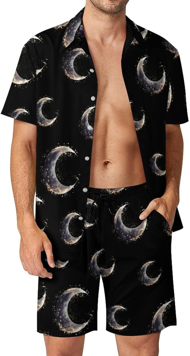 Moon And Stars Men's Summer Beach Outfits Shirt And Shorts Set 2 Piece Vacation Swimwear