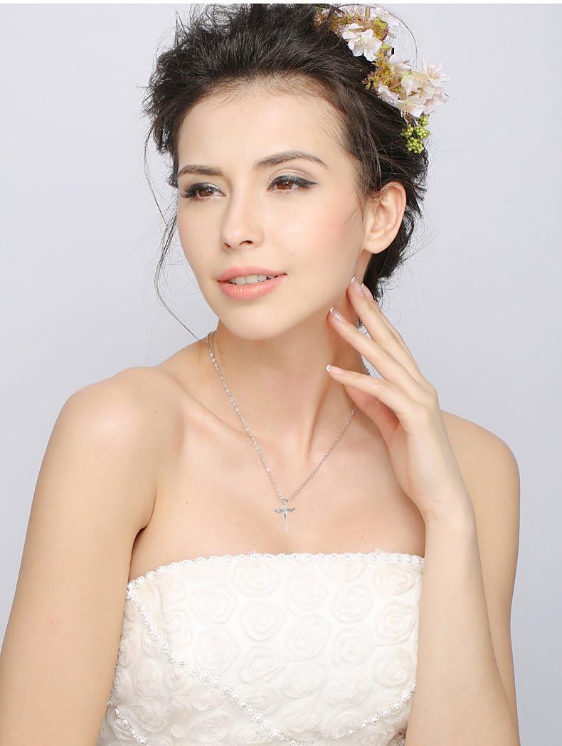 Ladytree 925 Sterling Silver Cross with Angel Wing Charm Pendant Rolo Chain Necklace, 18"