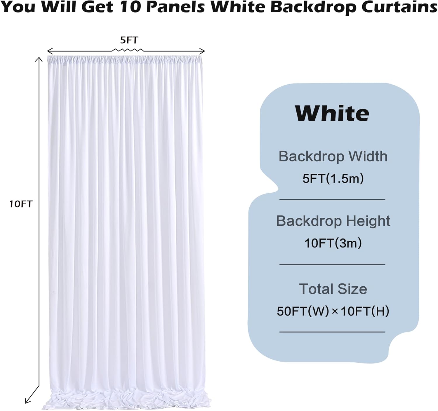 50ft x 10ftt Wrinkle Free White Backdrop Curtains for Parties Wedding, 10 Panels 5x10ft Silky Soft Polyester Photo Backdrop Drapes for Party Birthday Baby Shower Photography Cloth Background