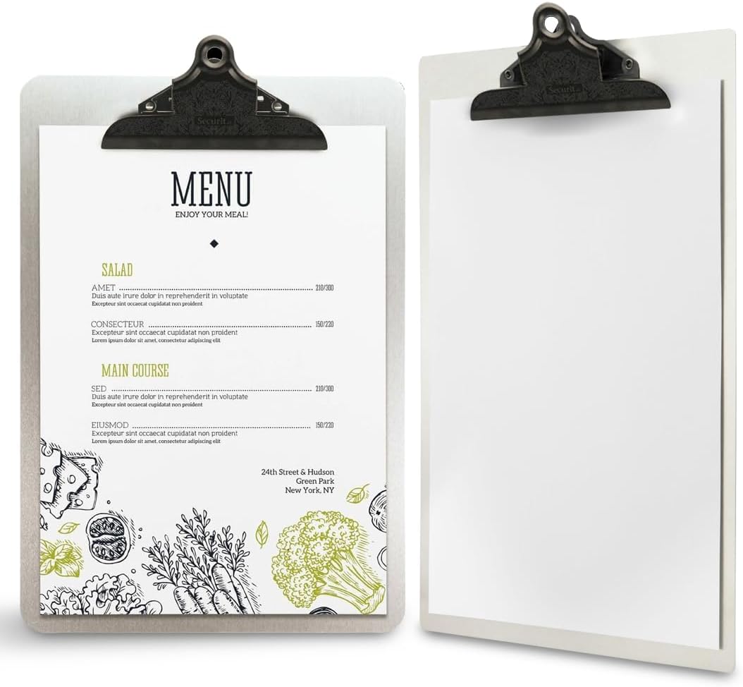 SECURIT - Metal Menu Holder - for Cafes, Restaurants, Bars - A4 Size - Clip to Keep Leaves - Grey