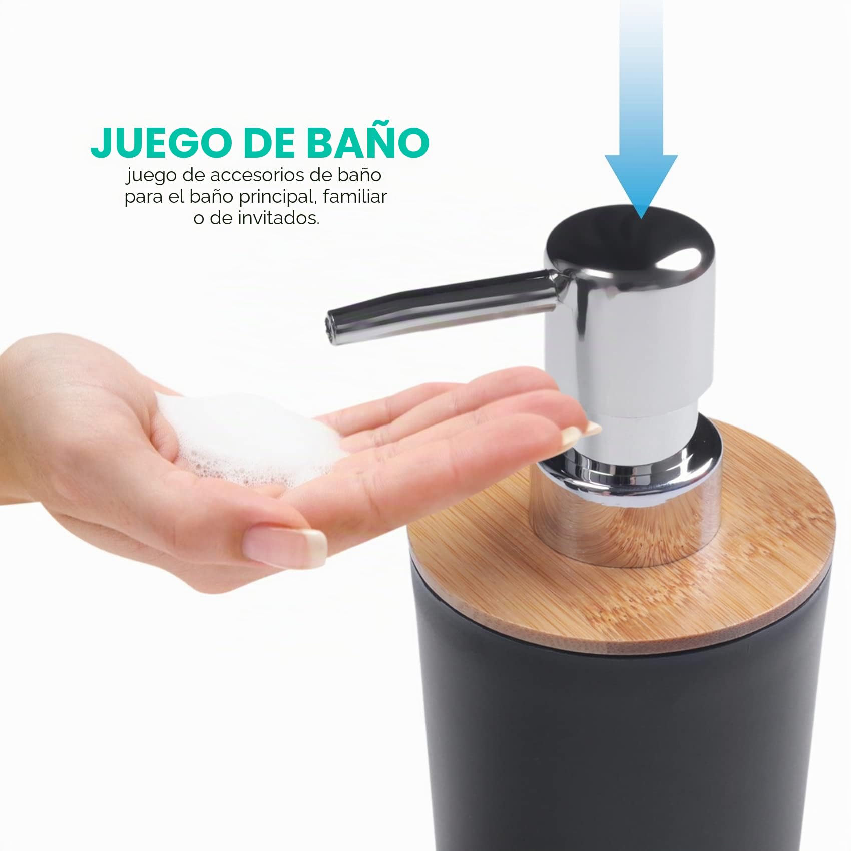 de Accesorios de baño de bambú de 6 Piezas: jabonera, Soporte para Cepillo de Dientes, de Enjuague, Botella de loción, de Basura, Cepillo de Inodoro, para el lavadero del hogar, Negro
