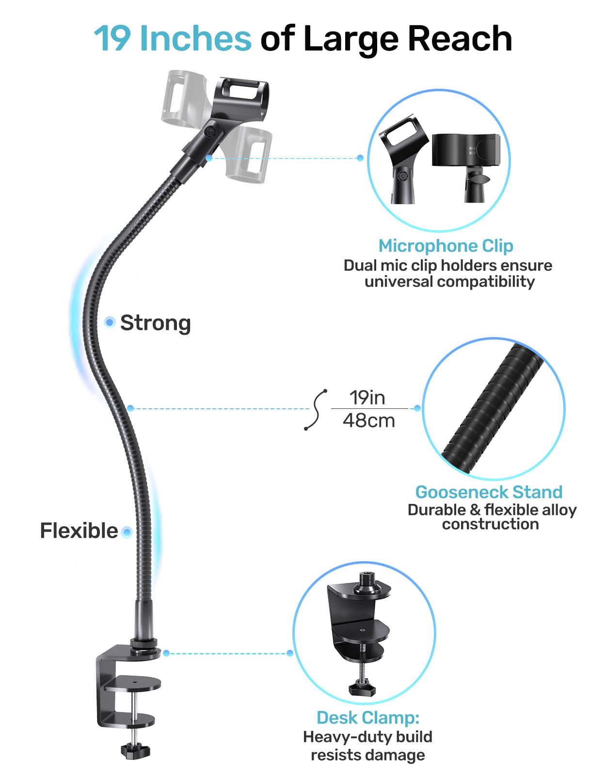 Etour 19-inch Gooseneck Microphone Stand with Desk Clamp, High Weight Capacity & Flexible Gooseneck Arm with 2 Mic Holders - Image 2