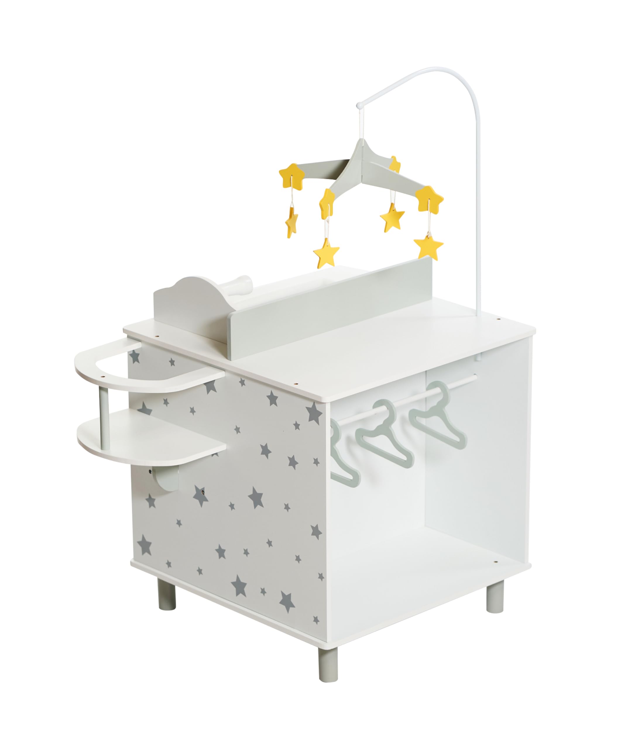 Bayer Chic 2000® Puppen Wickeltisch mit Zubehör – Wickelstation inkl. Hochstuhl, Ablagefächer, Badewaschbecken, Kleiderschrank & Mobile – Puppenmöbel ab 3 Jahren, Sternchen Grau