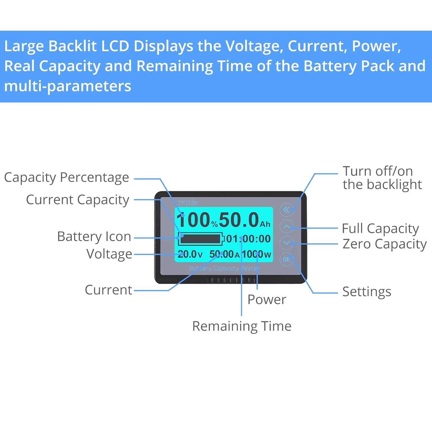 Wiring diagram for the CAMWAY Battery Monitor with a 500A shunt. Shows connections from battery to shunt, and shunt to monitor, including charge and output lines.