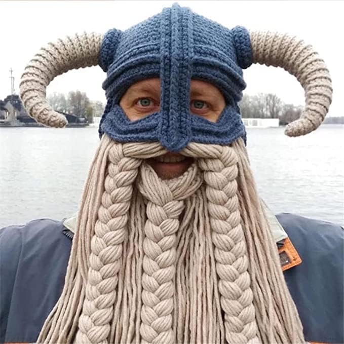 Adult Long Beard Viking Knit Hat Barbarian Bull Horn Handmade Knitted Beanie Hat Warm Funny Ski Cap Funny Party hat - Image 3