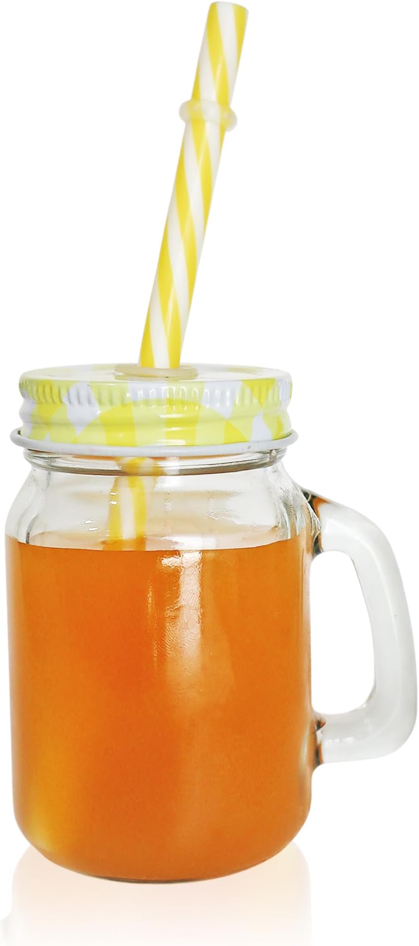 Pure Source India Mason Jar 130ML Drinking Mugs with Handle, Striped Lid and Reusable Straw, Perfect for Kid's Smoothies, Juices, Iced Coffee, Hot and Cold Beverages (1PCS, Yellow)