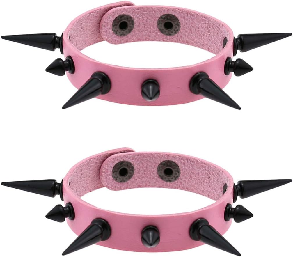 FM FM42 Women Multicolor PU Simulated Leather Black-Tone Long and Short Rivets Spike Spiked Punk Gothic Adjustable Bracelet, Pack of 2