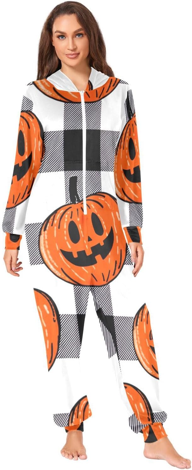 GAIREG Halloween Black White Plaid One-Piece Pajama Jumpsuits, Plush Pajama Onesie for Men Women