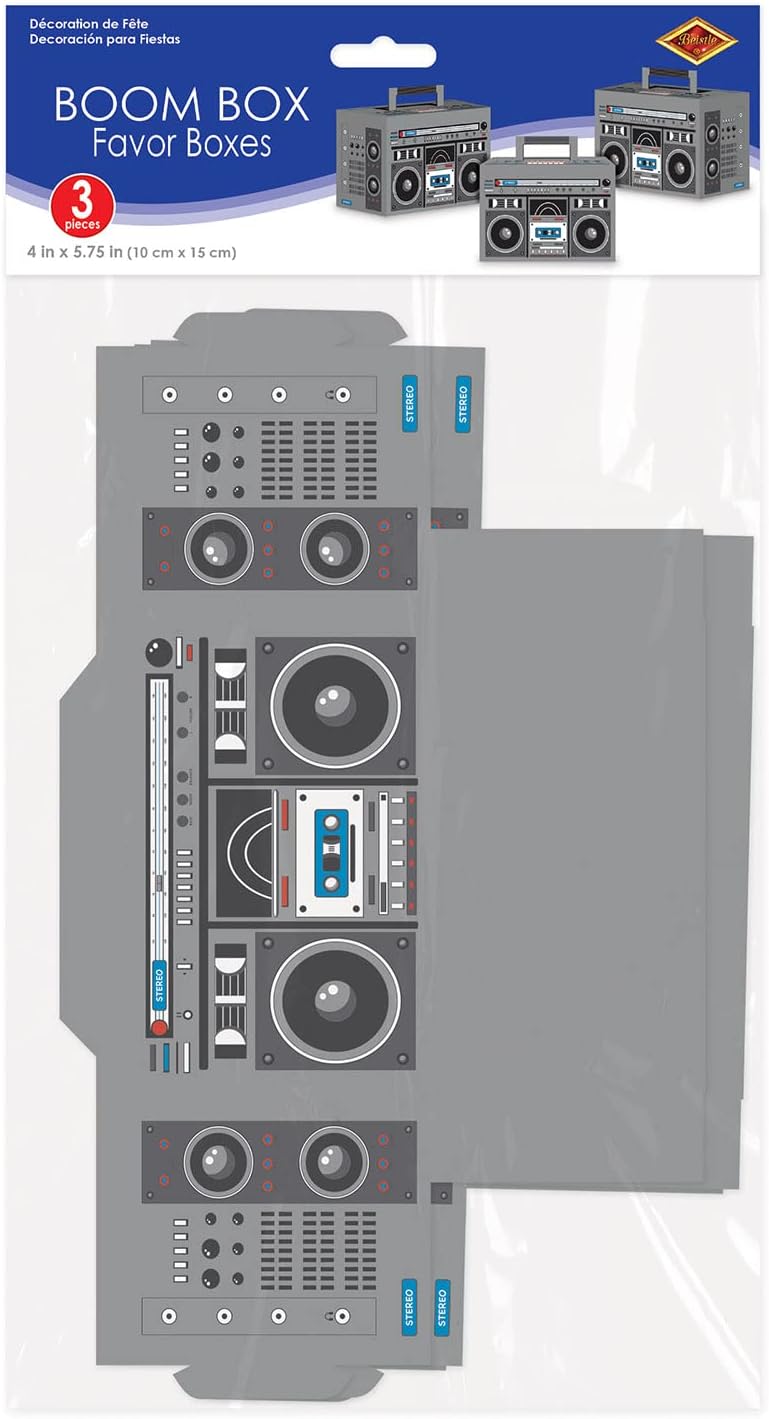 Beistle Boom Box Trinket Boxes – 3-Pack 80s Party Cardstock Treat Holders with Retro Stereo Print, DIY Assembly Required for Music-Themed Birthdays, Reunions, and Throwback Party Decorations, 4" x 5¾"
