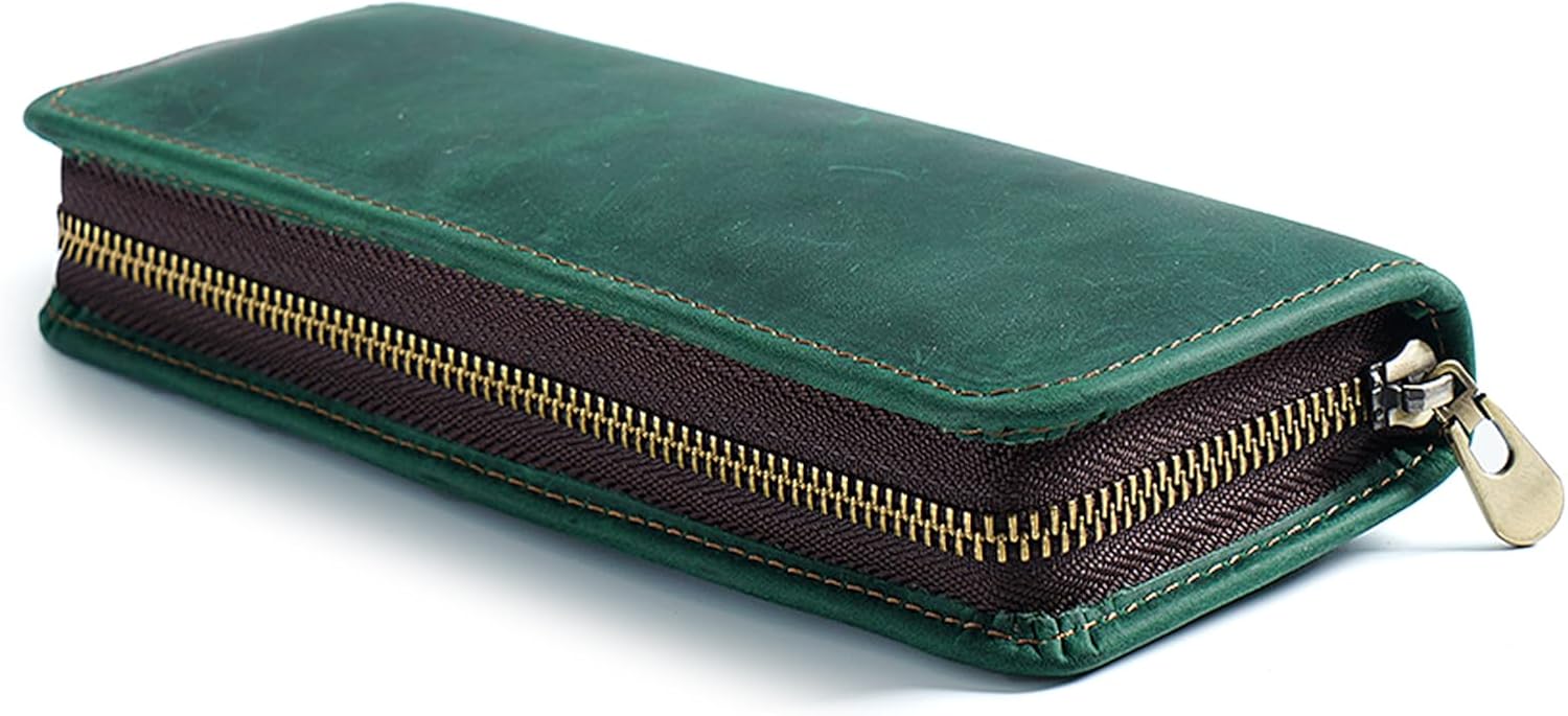 Leather Pen Case Fountain Holder Zippered Pouches Elastic Slots Hold 5-11 Pencil for Women Men Vintage Pen Pouches, Dark Green