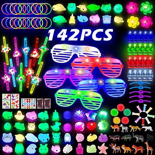 Stondino 142Pcs Light Up Party Favors LED Glasses Toys Goodie Bags Stuffers Birthday Easter Party Favors for Kids Neon Party Supplies Glow in The Dark Party Supplies with LED Glasses Finger Lights Glow Ring Glow Sticks Bulk Goodie Bag Stuffers