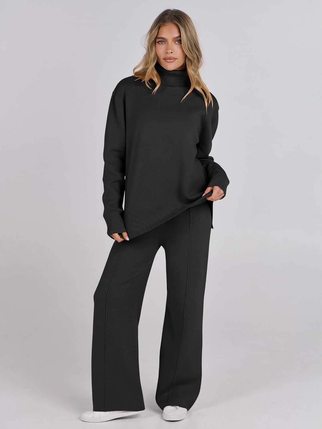 ANRABESS Womens 2 Piece Outfits Turtleneck Matching Lounge Set Sweater Top Wide Leg Pants Fall Cozy Knit Sweatsuit Loungewear - Image 6