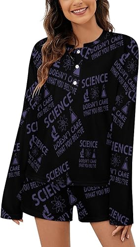 Science Believe Pajamas for Women Set Button-Down V-Neck Long Sleeves And Shorts 2 Piece Lounge Set