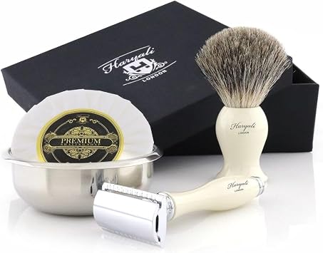 Haryali London, 4pcs Double Edge Safety Razor, Shaving Kit for Men, Best Synthetic Badger Hair Shaving Brush, Stainless steel & soap   Traditional Shaving Kit, Wet Shave Gift Set