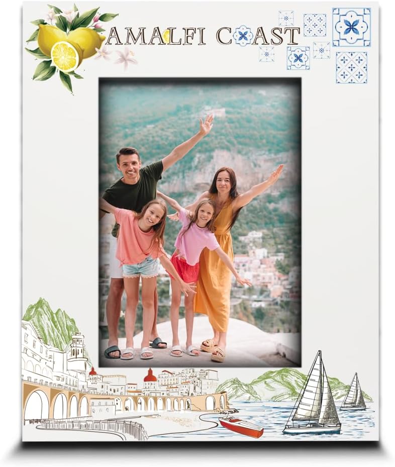 BELLA BUSTA- Amalfi Coast Italy Theme Picture Frame-Adventure, Travel, Wedding, Anniversary Honeymoon, Vacation in Amalfi Coast- UV Print City Symbols Design Set (5x7 HORIZONTAL)