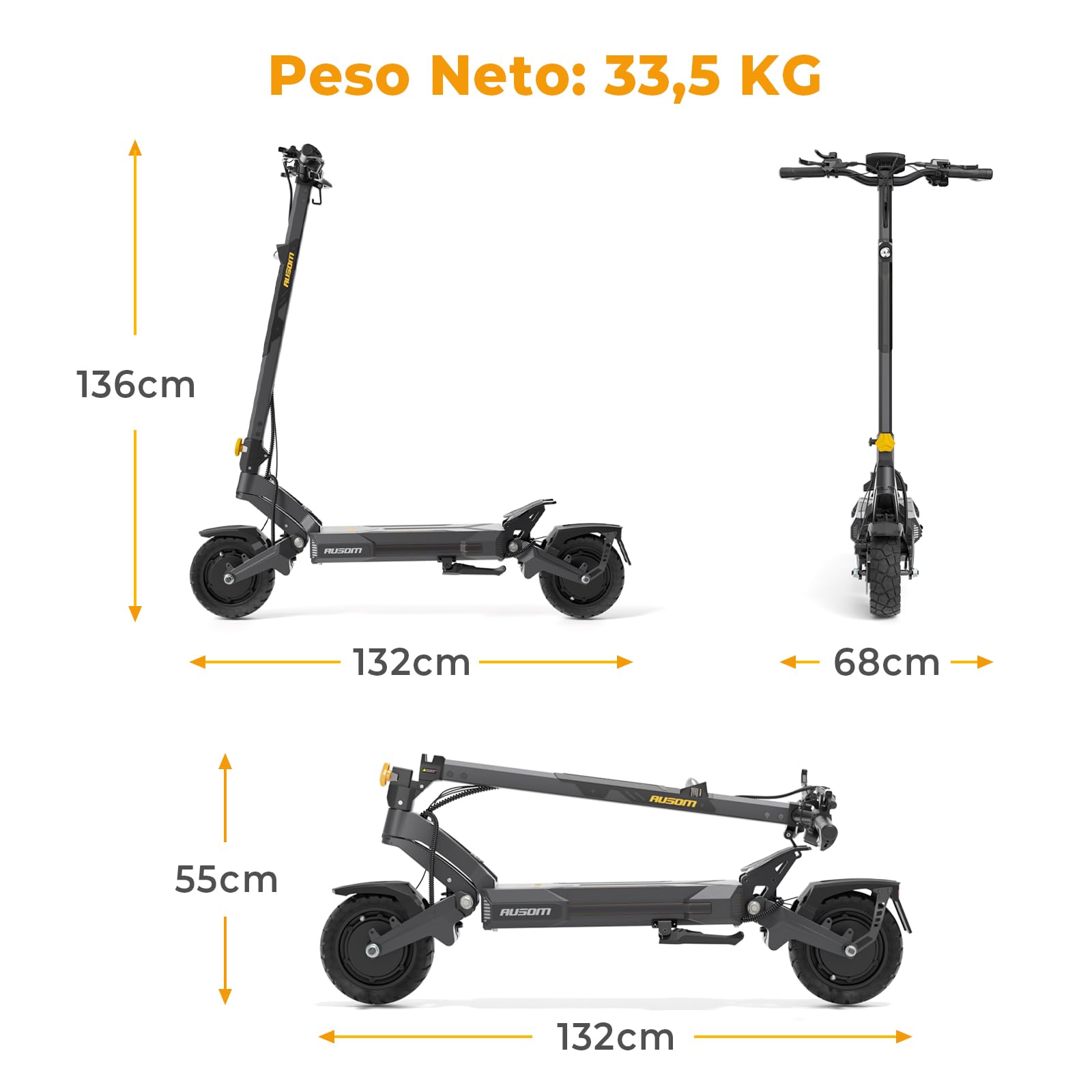 Patinete Eléctrico Adultos Ausom DT2 Pro, Batería 23,4 Ah 52 V, Autonomía 100-115KM, Ruedas 10x3.0 Todoterreno, Plegable Scooter Electrico
