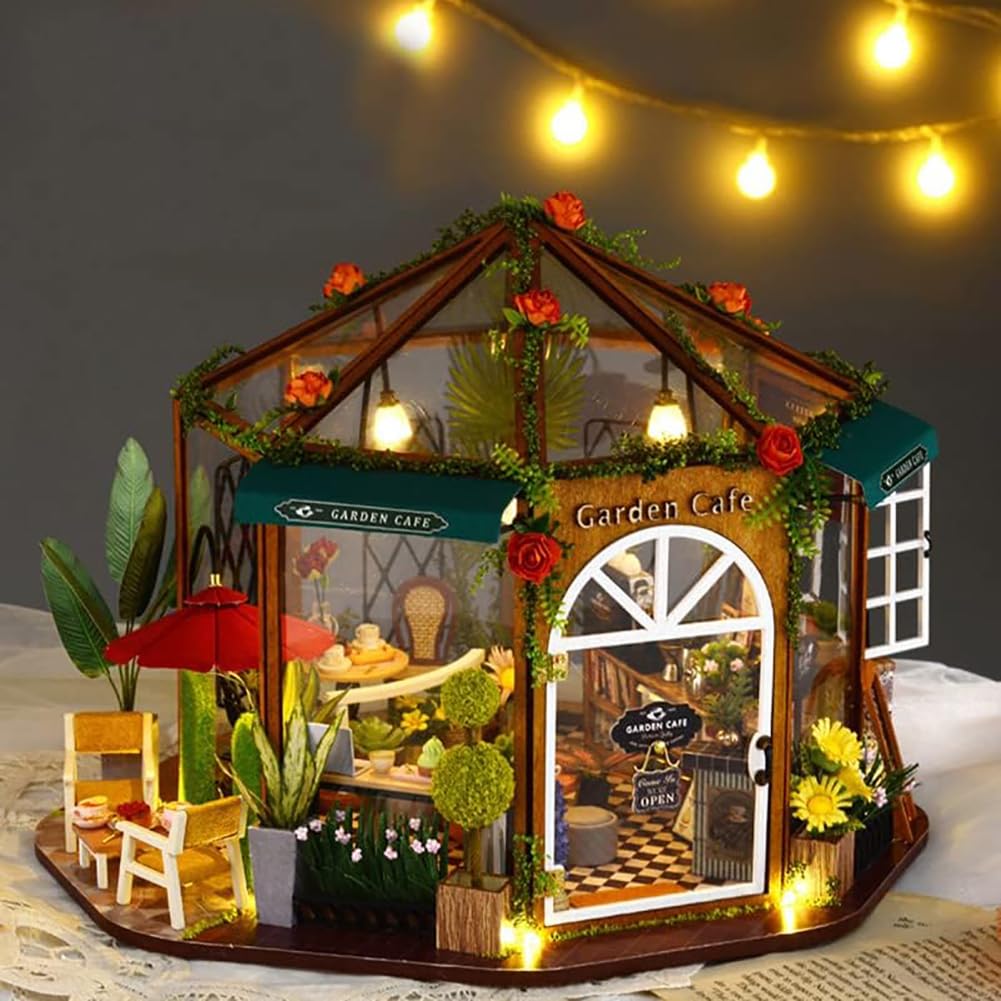 Generico Kit per Casa delle Bambole in Legno Fai da Te con Luce A LED Modello di Edificio Insolito Miniature da Costruire