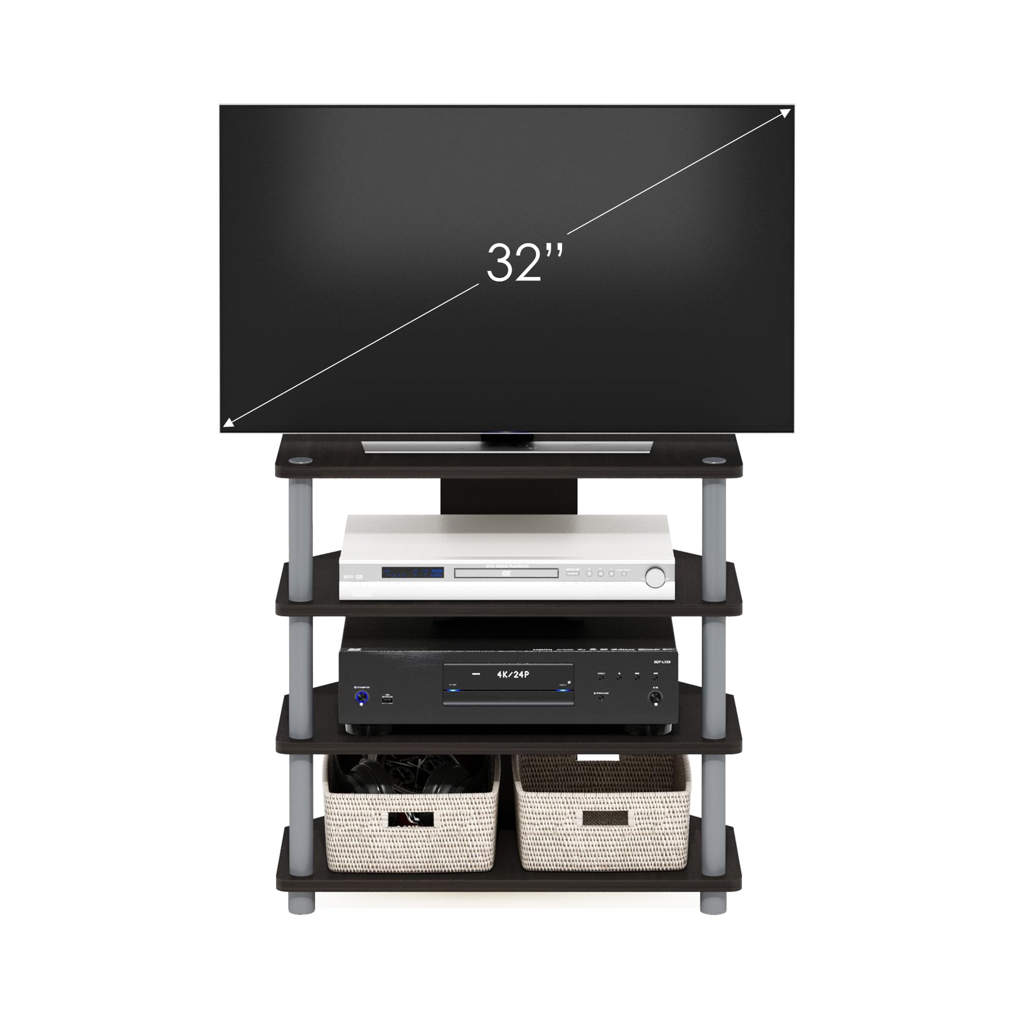 Furinno Turn-N-Tube Easy Assembly 4-Tier Petite Entertainment Center / TV Stand / TV Unit / TV Desk, Espresso/Grey