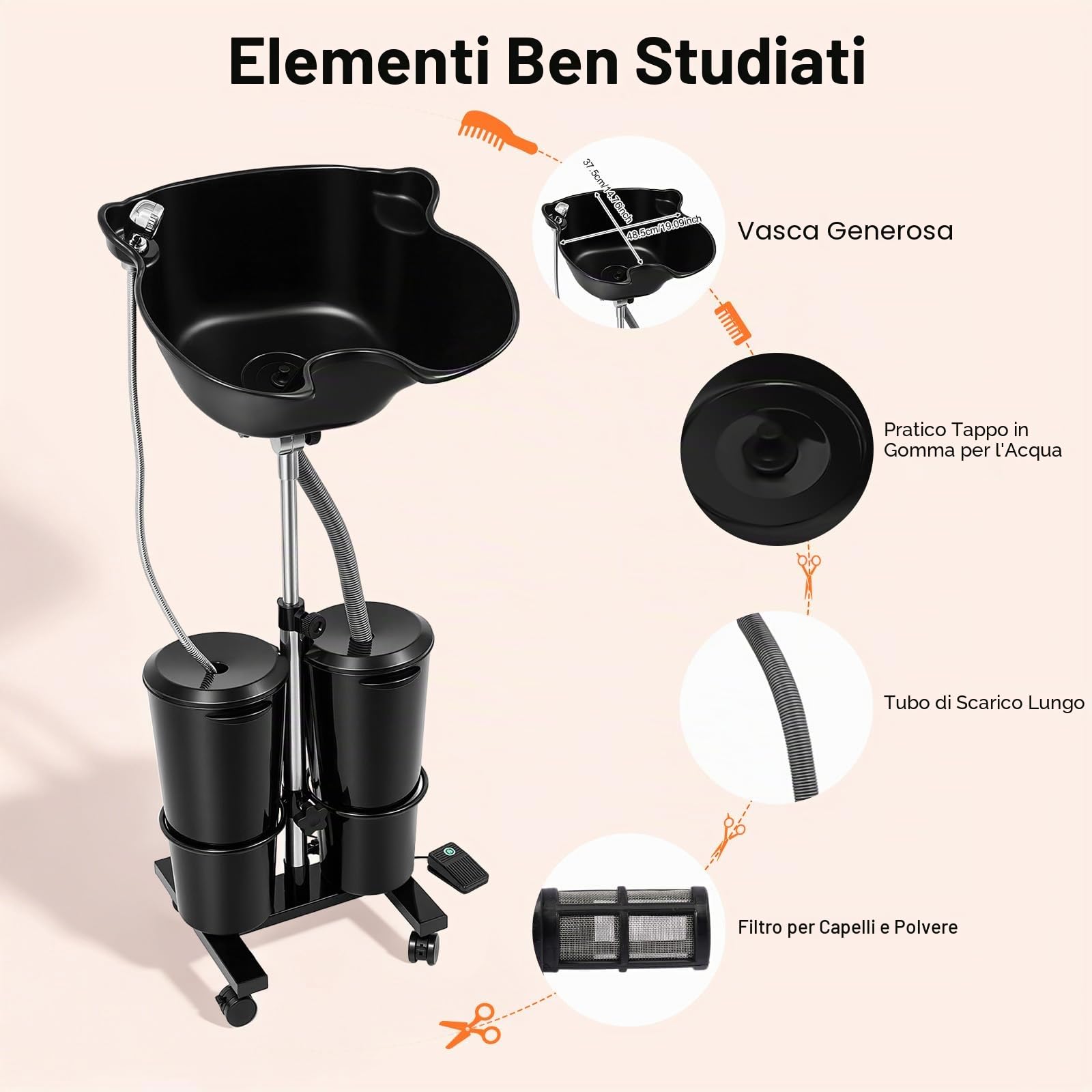 Lavabo mobile barbiere lavabi per capelli, lavandino retromarcia con serbatoio dell'acqua e doccia, lavandino portatile per barbiere