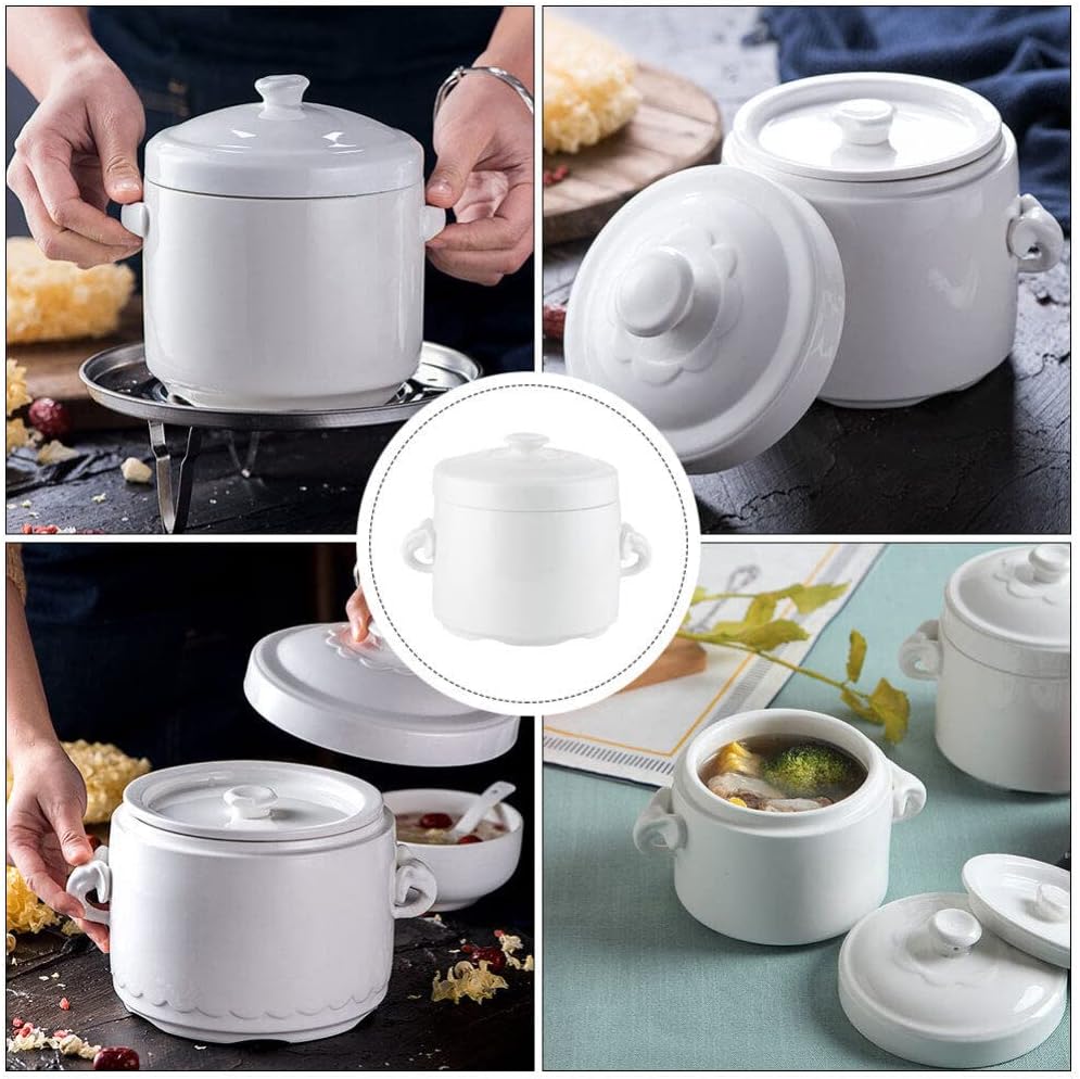 Hemoton Ceramic Stew Pot 3.74X3.74X4.13In Small White Soup Pot with Lid for Steamed Egg Custard Bird S Nest Cooking and Medicinal Soup