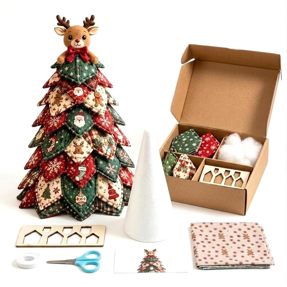 DIY Quilted Christmas Tree Kit, Christmas DIY Quilted Fabric Tree Craft Kit, 3D Padded Patchwork Sewing Set for Beginners, Home Mantel Table Office Display, Gift for Craft Lovers