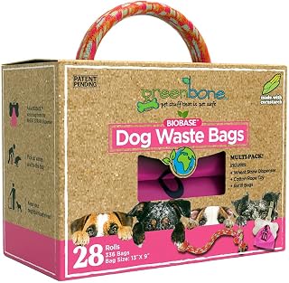 Greenbone BioBase Pink Dog Poop Bag Refills: 28 Rolls - 336 Bags with Dispenser and Rope Toy Handle- Dog Gift Set