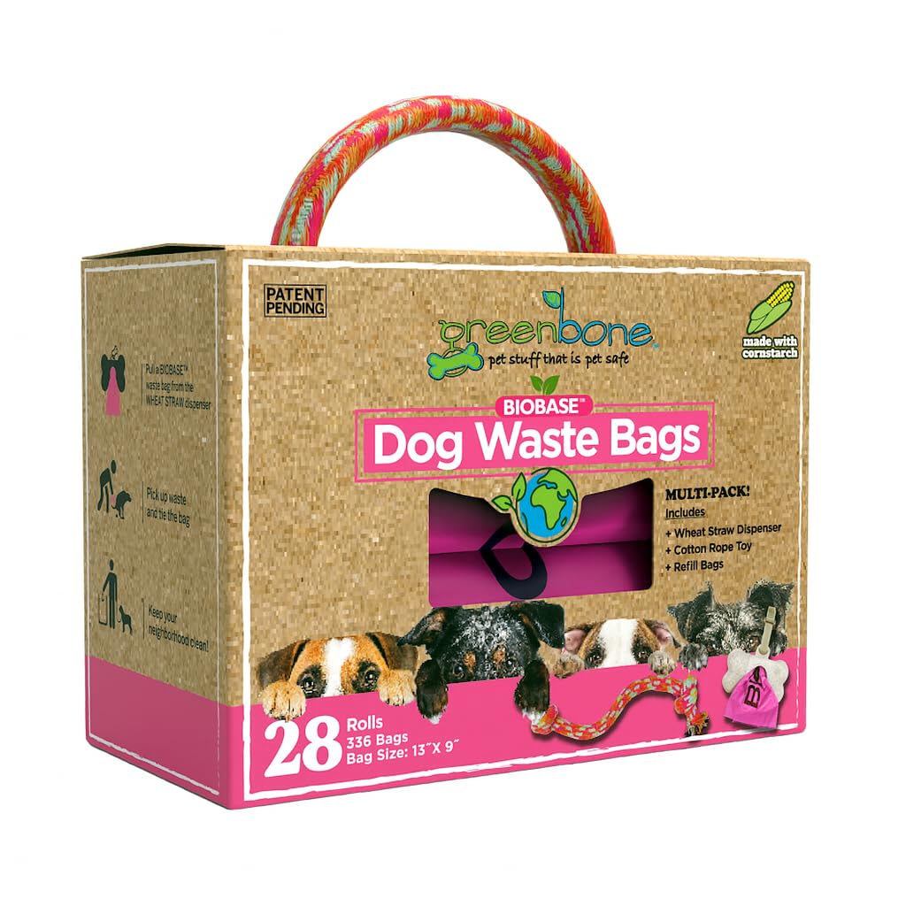 Sacs déjections canines avec distributeur Greenbone BioBase rose pour grand et petit chien