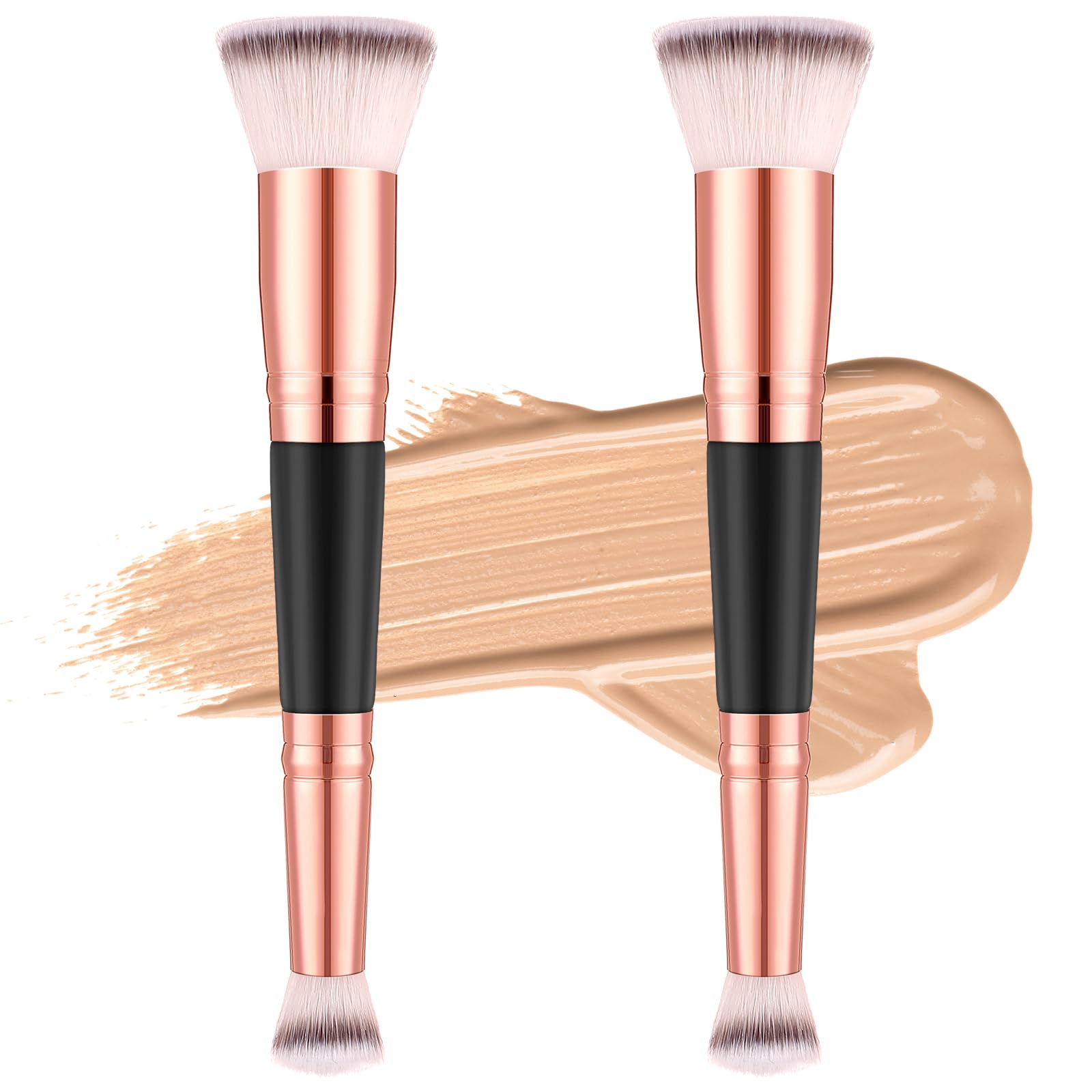 Dual-Ended Makeup Brushes, 2Pcs Foundation Brush 2-in-1 Angled & Flat Concealer Brush Face Eyebrow Brush Ideal for Cream Powders Liquid Blending Buffing Blush Make Up Brushes