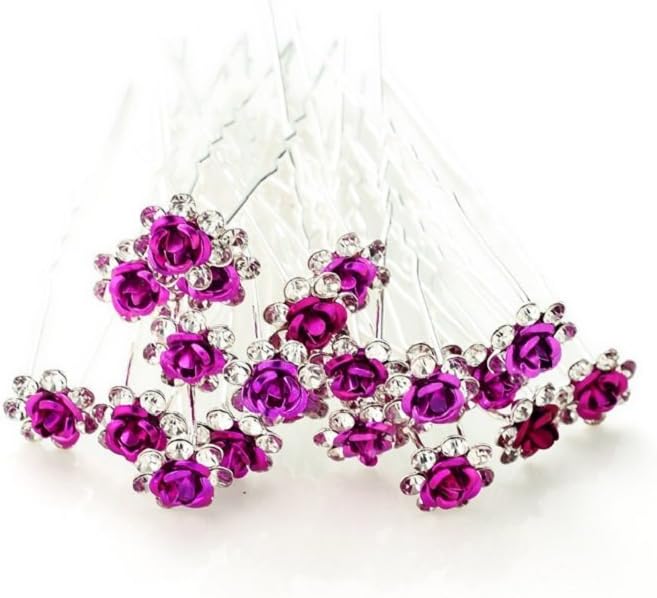 20 x Stunning Diamante Floral Rose Flower Hair Pins Bridal Wedding Flower Rhinestone Crystals U Shaped Pins Available In Many Colors (Hot Pink)