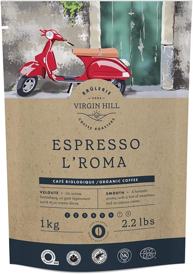 Virgin Hill Coffee - Organic Espresso L'Roma - Smooth Intensity & Medium Roast - One Kilo of High-Grade Arabica Coffee Beans - 1 kg / 2.2 lbs