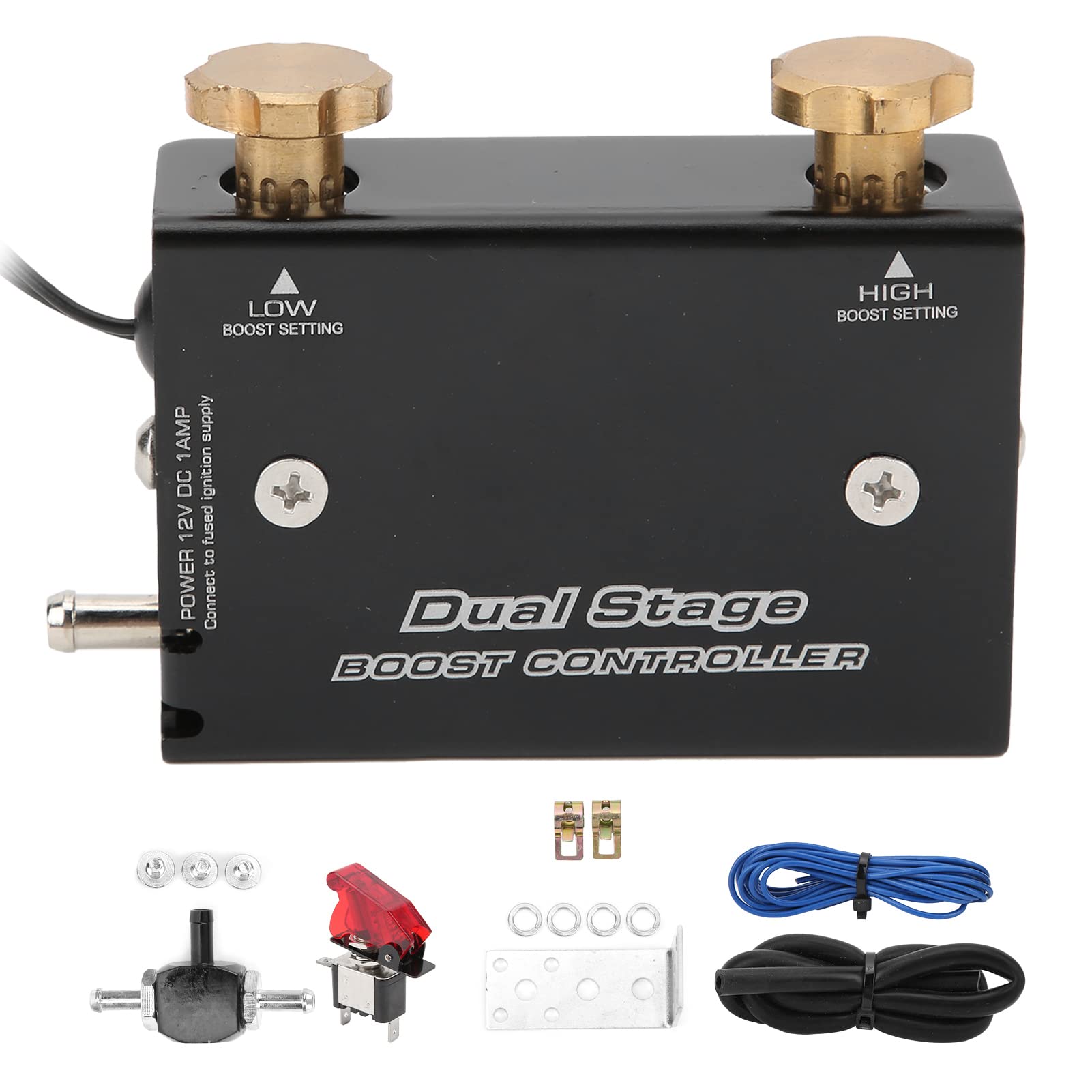 Boost Controller 12V Aluminum Alloy Car Two-Stage Turbocharger Turbo Boost Electronic Controller Kit Adjustable Turbo Tee Bleed Valve Black Universal