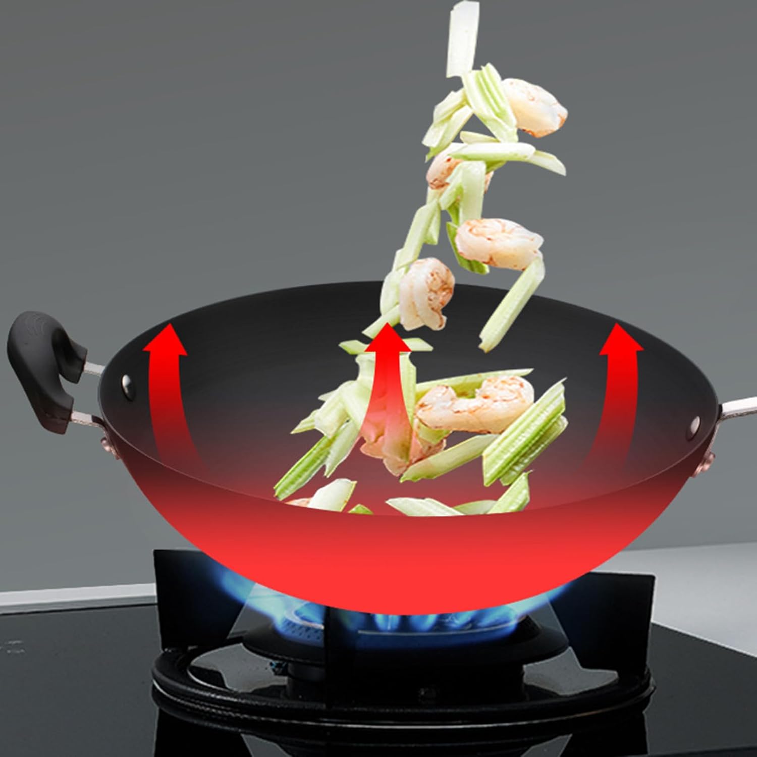 Wok Pan with Lid Nonstick Wok 32cm, Carbon Steel Woks Stir-Fry Pans, No Chemical Coated Flat Bottom Chinese Wok, for Electric, Induction and Gas Stoves