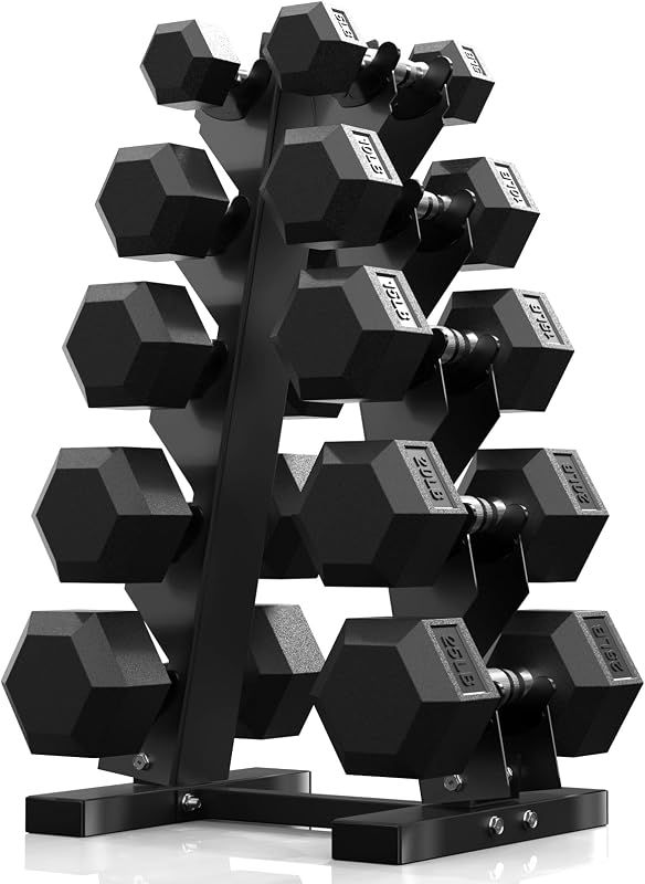 150-600lb Dumbbell Set with Rack, Rubber Encased Home Gym | Antiroll Durable Cast Iron Core Odorless PVC Free Weights, with 5/6 Tier Rack