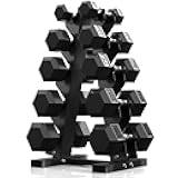 PAPABABE Hex Dumbbell Sets with Rack, 60-550lb Rubber Coated Dumbbell Weight Set and Storage Rack, Multiple Options Hand Weights for Strength Training