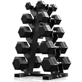 PAPABABE Hex Dumbbell Sets with Rack, 60-550lb Rubber Coated Dumbbell Weight Set and Storage Rack, Multiple Options Hand Weights for Strength Training