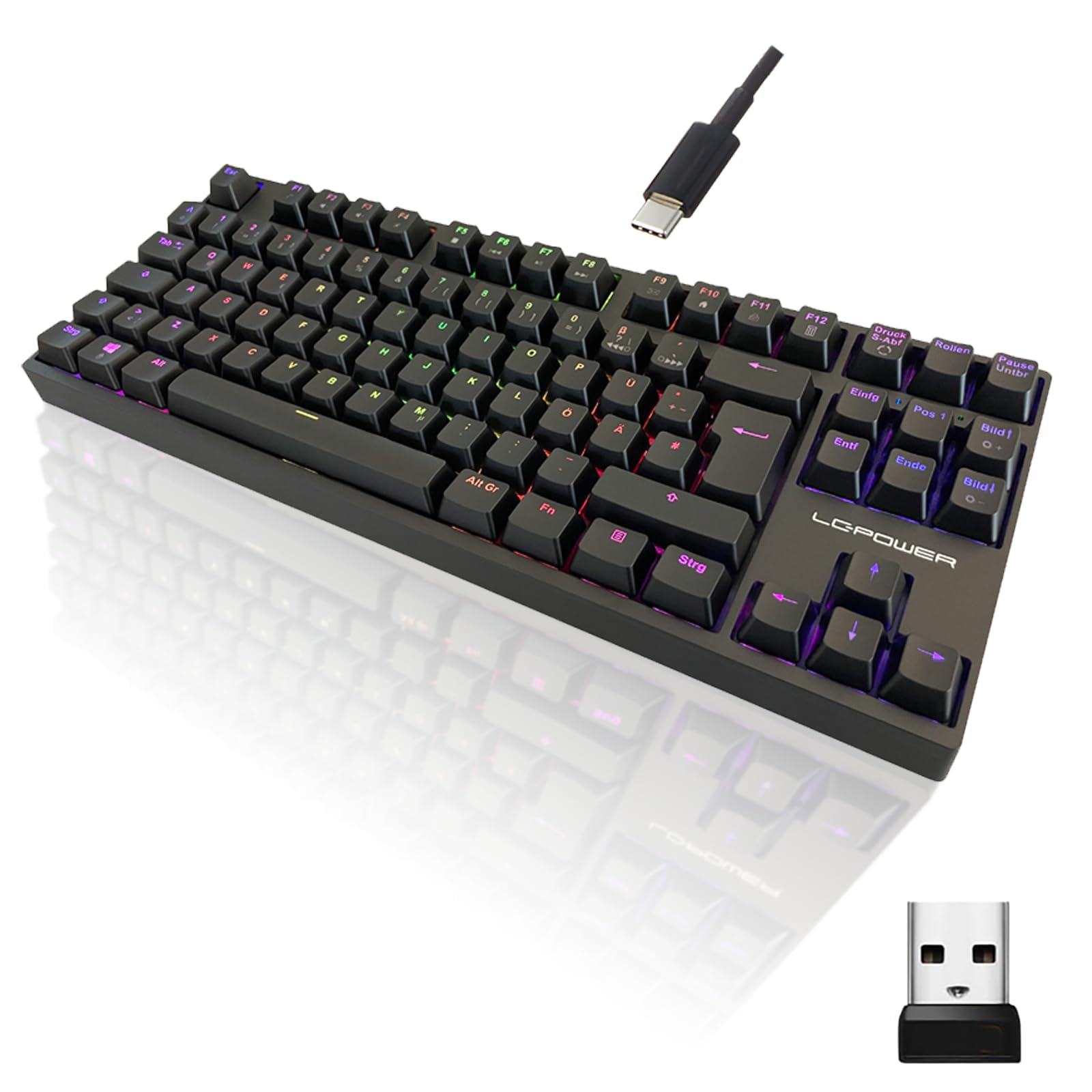 LC-Power Tastiera da gioco wireless RGB Design compatto TKL, tasti anti-ghosting, illuminazione RGB, ricaricabile, 5 modalità di gioco preimpostate, 88 tasti