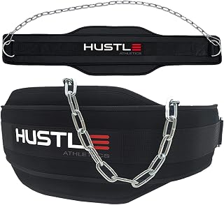 Hustle Athletics Dip Belt For Weight Lifting - Professional Grade Weight Belt Chain and XL Carabiners - With Extra Comfy Foam padding - Increase Strength For Weightlifting - Weighted Belt For Pullups (Dark)…