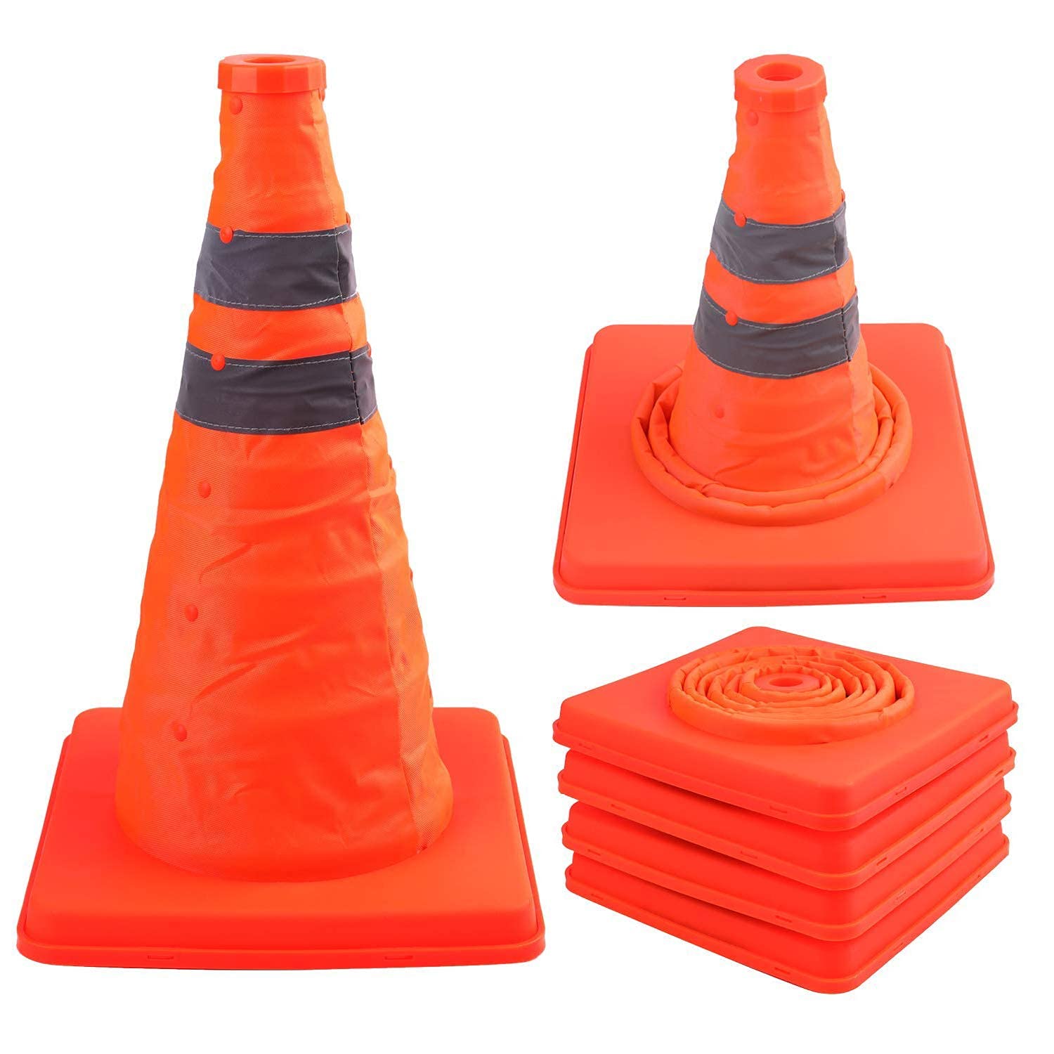 BricoLoco.com | Pack 3 Conos señalización carretera plegable de 40 cm con 2 bandas reflectantes, color naranja.