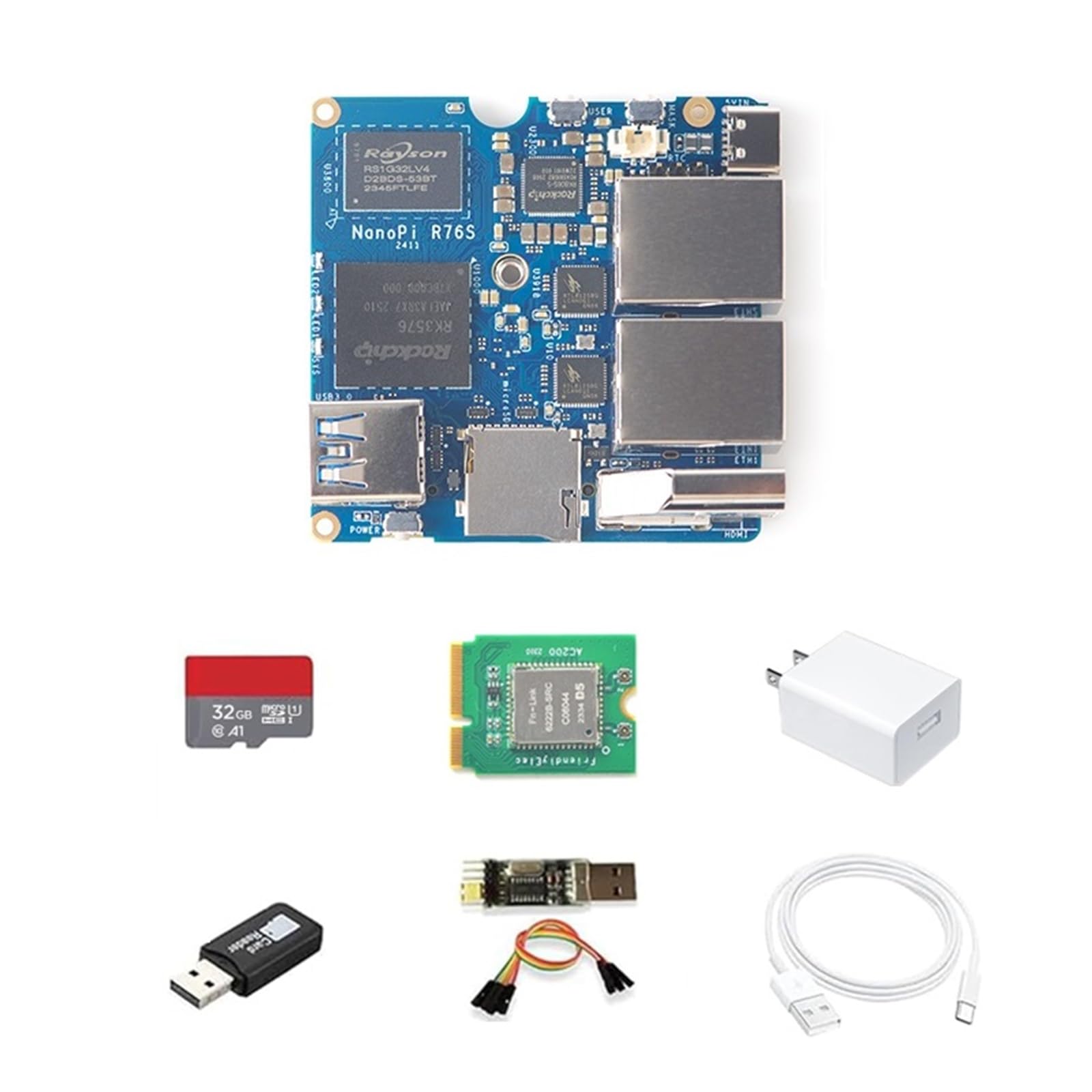 NanoPi R76S Mini Router, RK3576 Octa-Core SoC with AI Model, LPDDR5 16GB RAM 32GB eMMC, 6TOPS NPU,Dual 2.5G Ethernet, Support M.2 Wi-Fi Module (with M.2 WiFi, LPDDR4X 4GB, TF Card Kit)