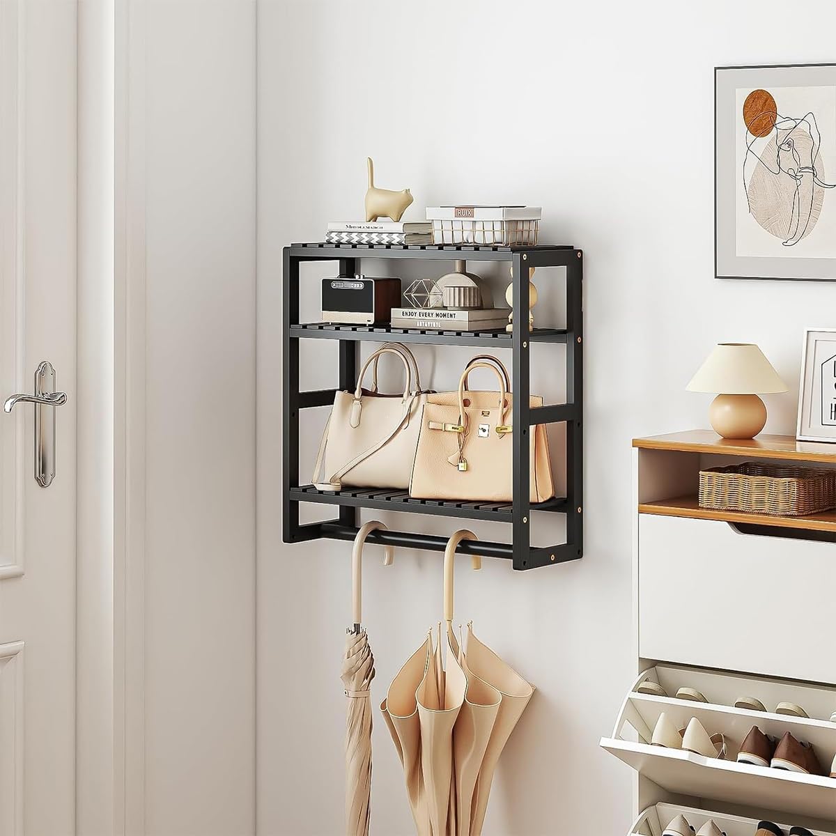 Genérico Estante de bambú para Colocar sobre el Inodoro, Organizador de Pared de 3 Niveles para baño, Cocina y Sala de Estar, estantes flotantes, Elegante Acabado Negro, solución Que Ahorra Espacio.
