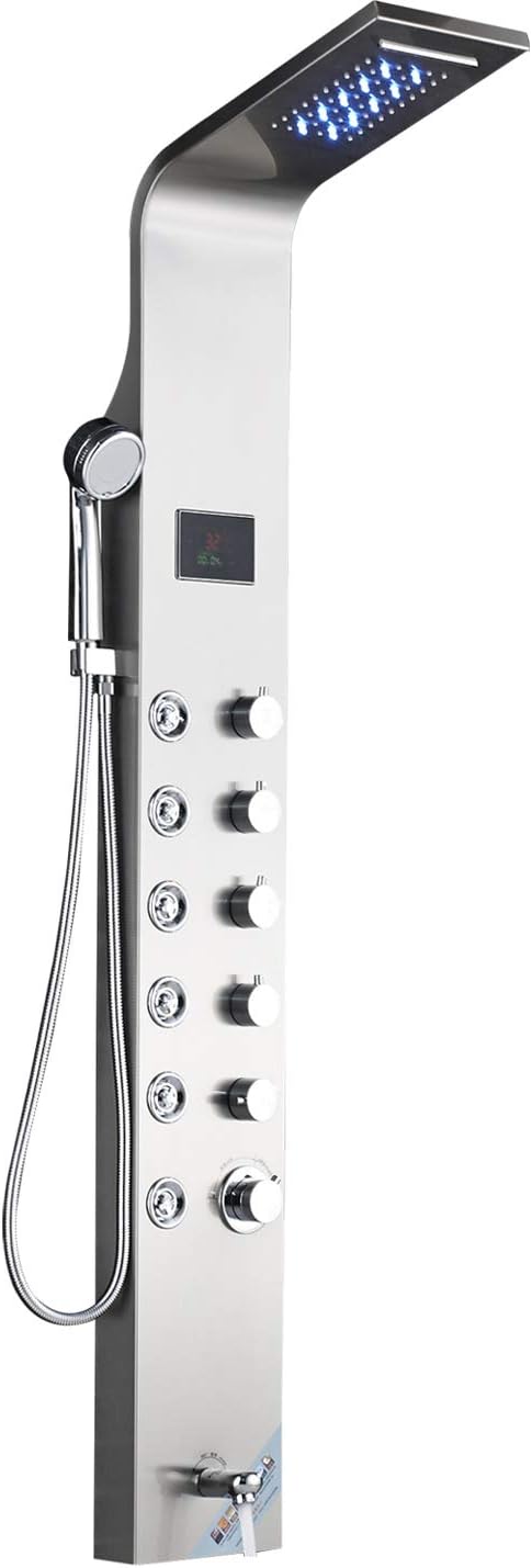 Onyzpily LED Shower Tower Tap System Brushed Nickel Stainless Steel Rainfall Waterfall Head LED Temperature Screen 6 Massage Spray Handheld Sprayer Bathtub Spout,5 Functions Work at Same Time
