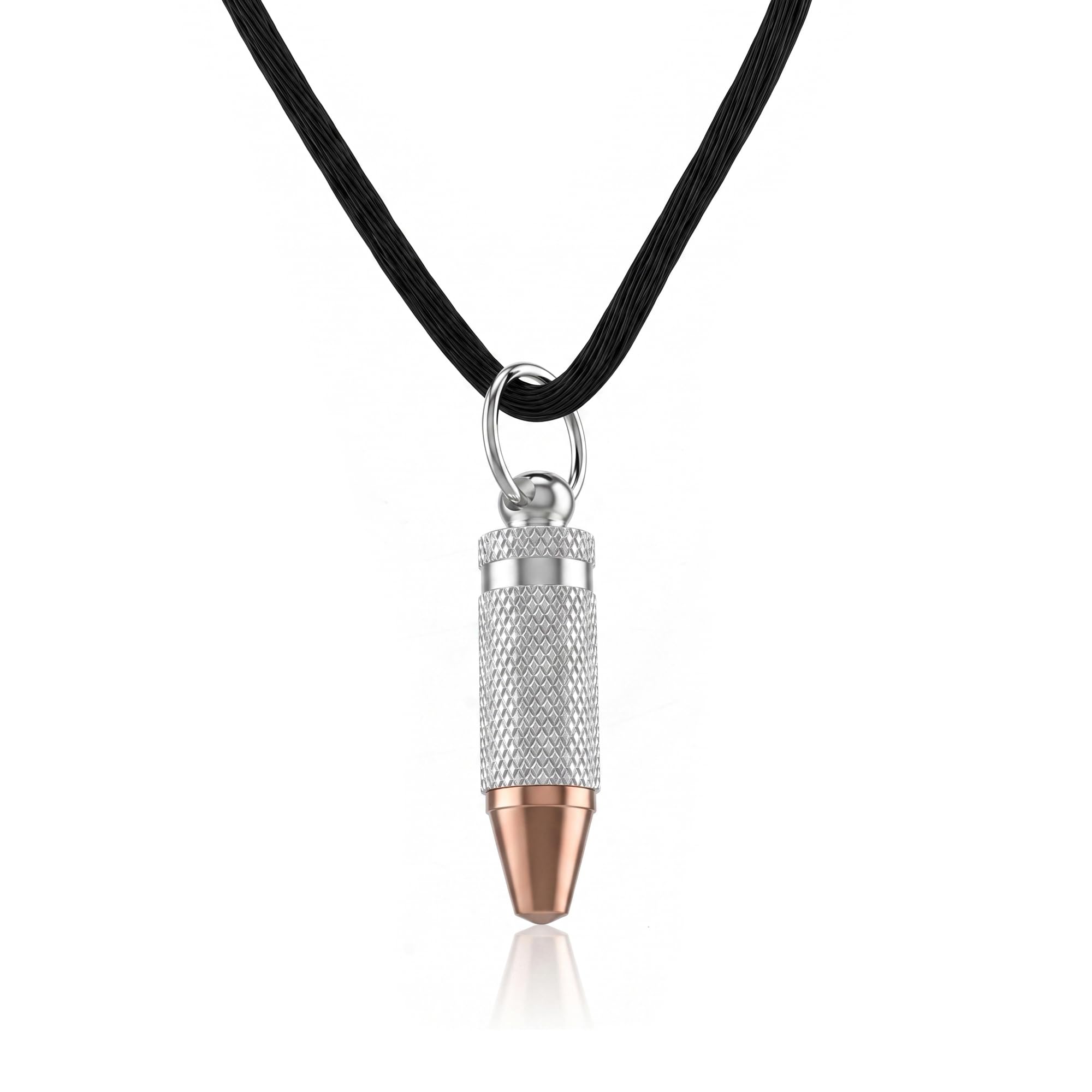 Dual Tone Bullet Pendant with Black Thread for Men and Boys | whitePlated Textured Kavach Amulet Locket | Minimalist Fashion Jewellery(ACPC0260)-image-24