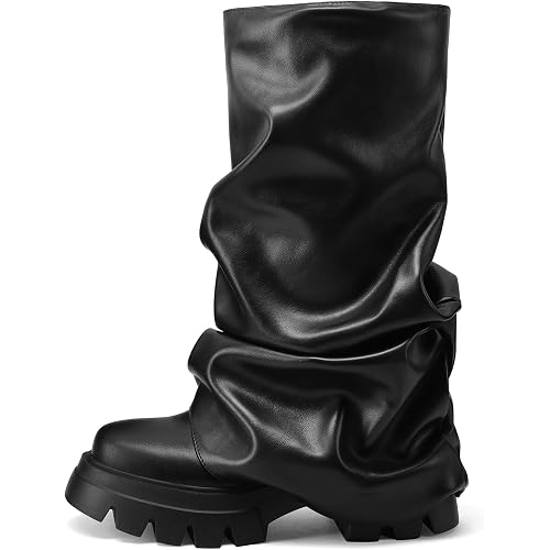 VOMIRA Slouchy Boots Fold Over Boot for Women Wide Calf Boot Black Platform Boots