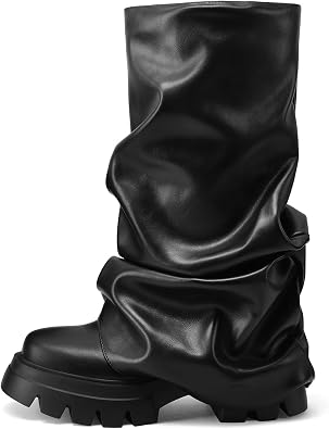 VOMIRA Womens Fold Over Boots Slouchy Boots Wide Calf Pleated Platform Boots Glitter Metallic Silver Boots Chunky Stacked Boots Mid Calf Boots
