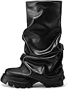 VOMIRA Women's Fold Over Boots Slouchy Boots Wide Calf Pleated Platform Boots Glitter Metallic Silver Boots Chunky Stacked Boots Mid Calf Boots